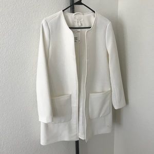 H&M White Textured Long Blazer Coat with Pockets